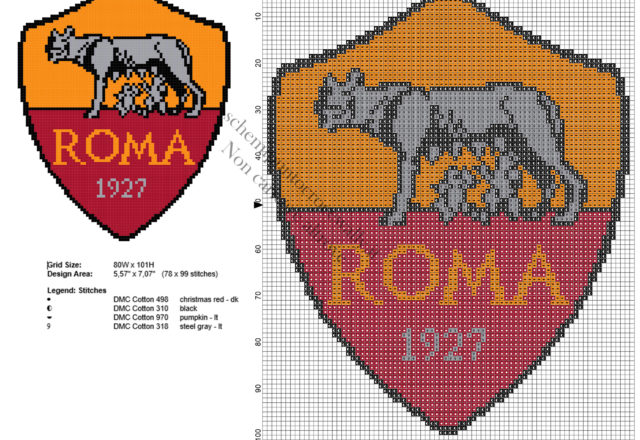 Scudetto logo della Roma squadra di calcio schema punto croce ricamo