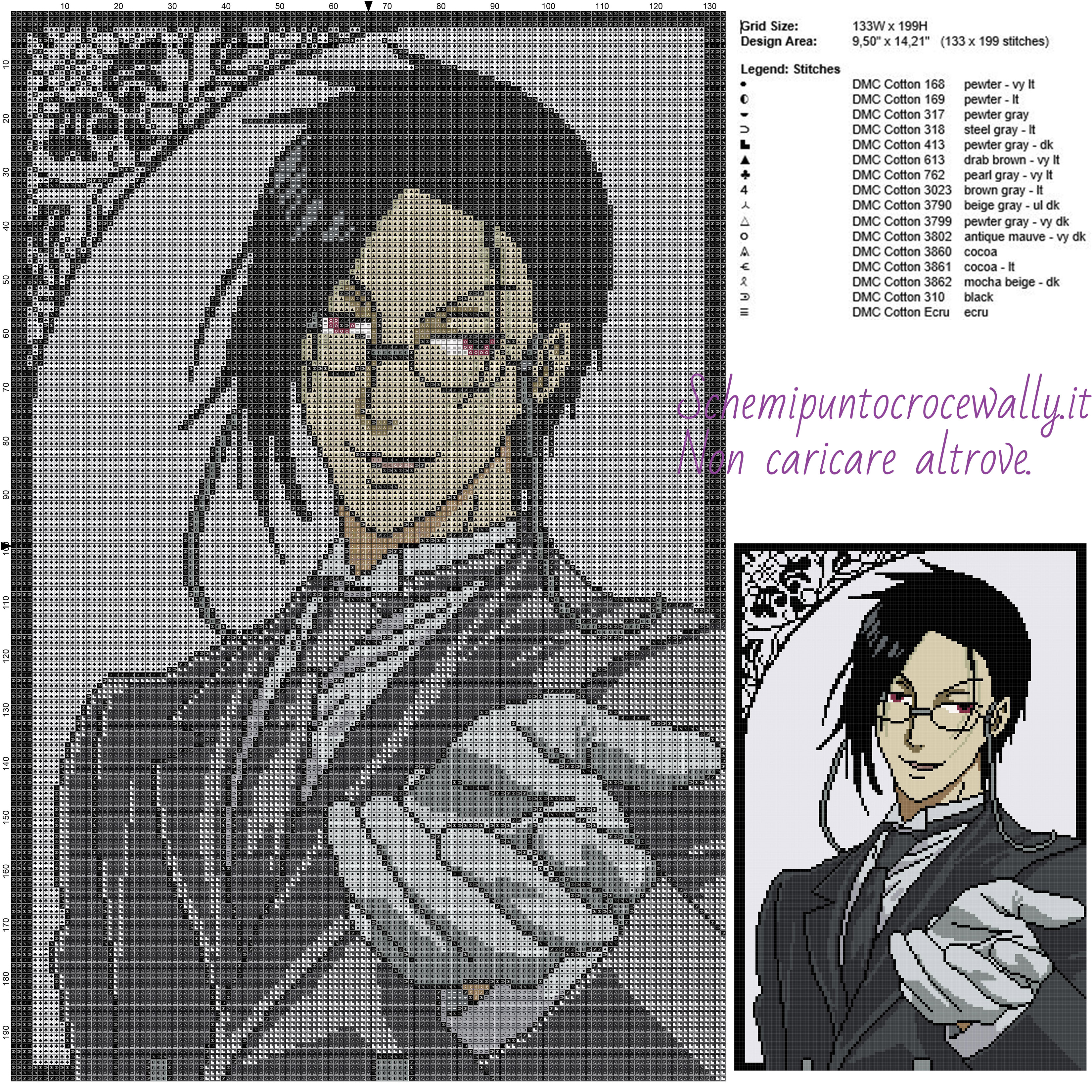 Sebastian (The Black Butler) schema gratis punto croce 133x199 16 colori