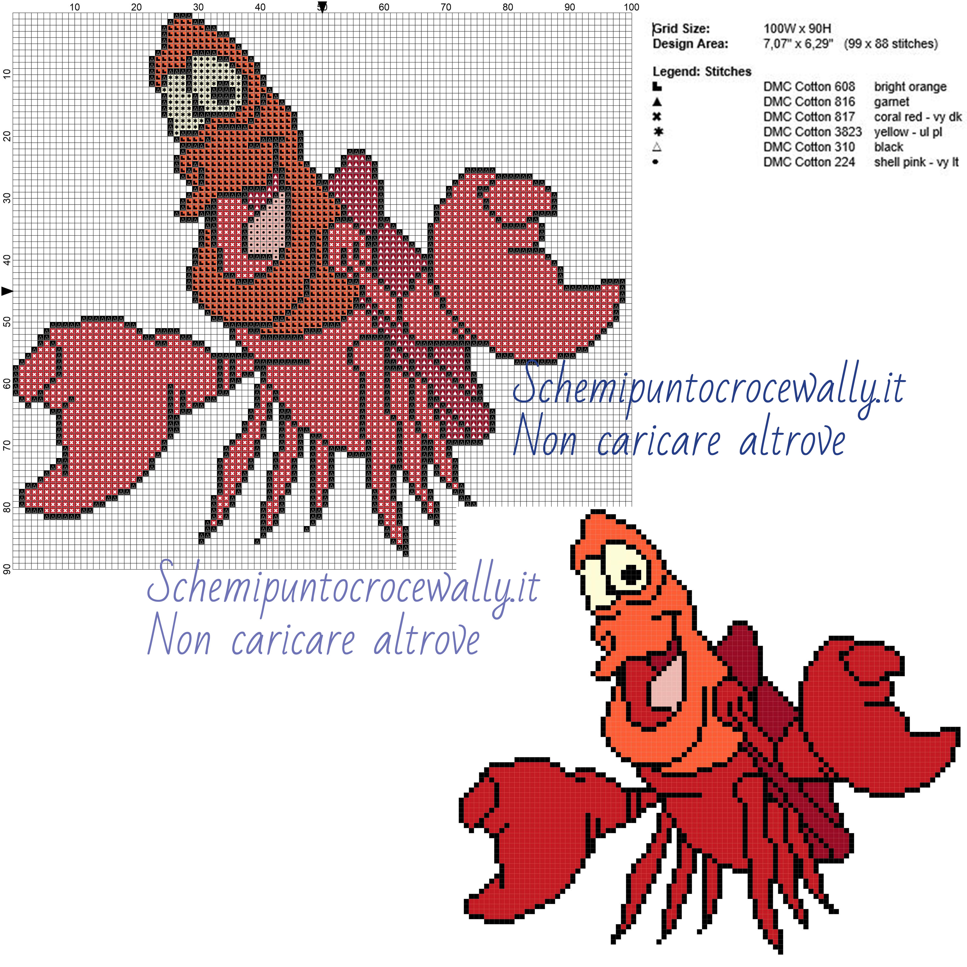 Sebastian schema punto croce Disney gratis 100x90 6 colori