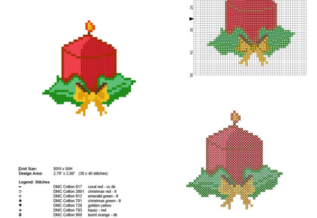 Semplice e piccolo schema punto croce biglietto di Natale con candela rossa download gratuito