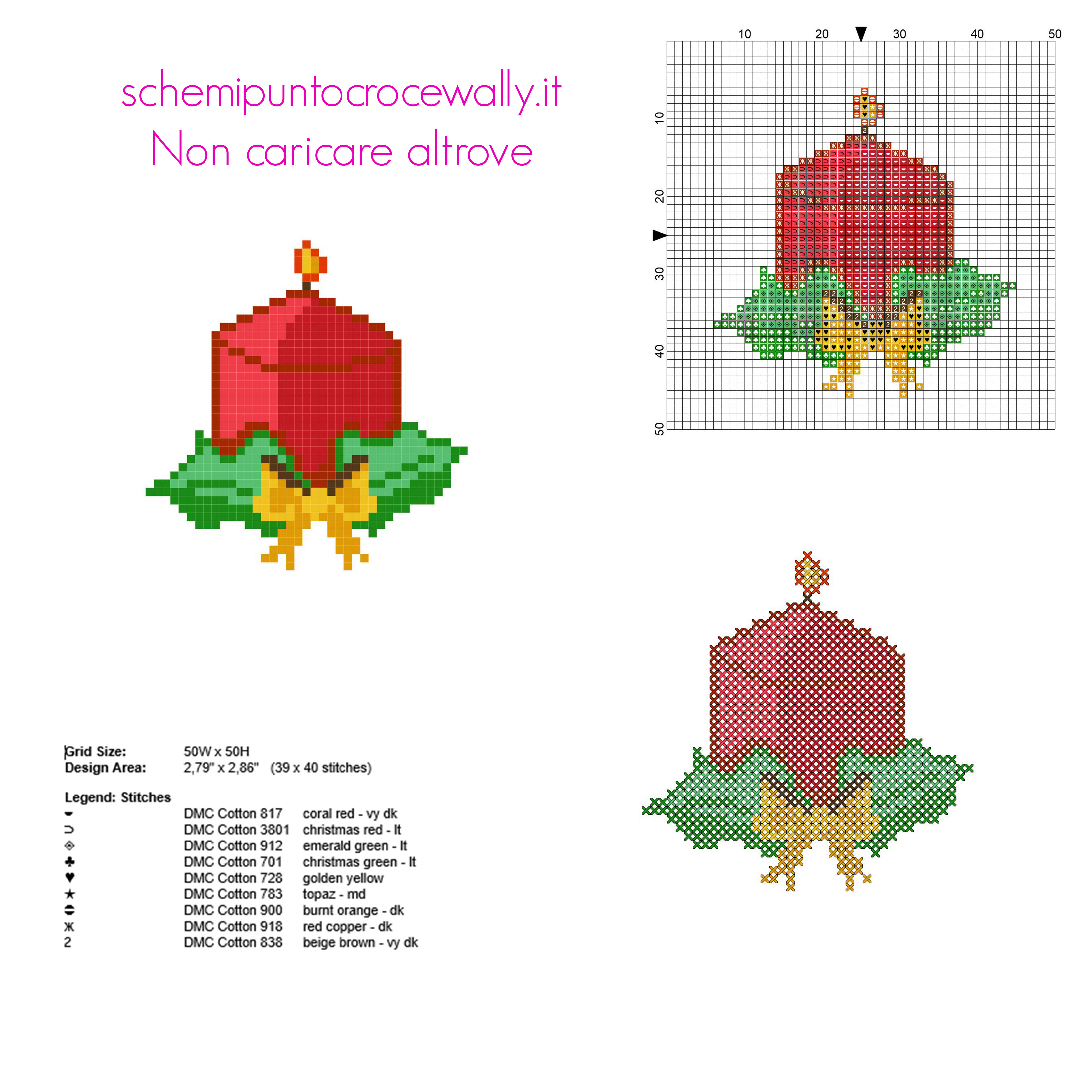 Semplice e piccolo schema punto croce biglietto di Natale con candela rossa download gratuito