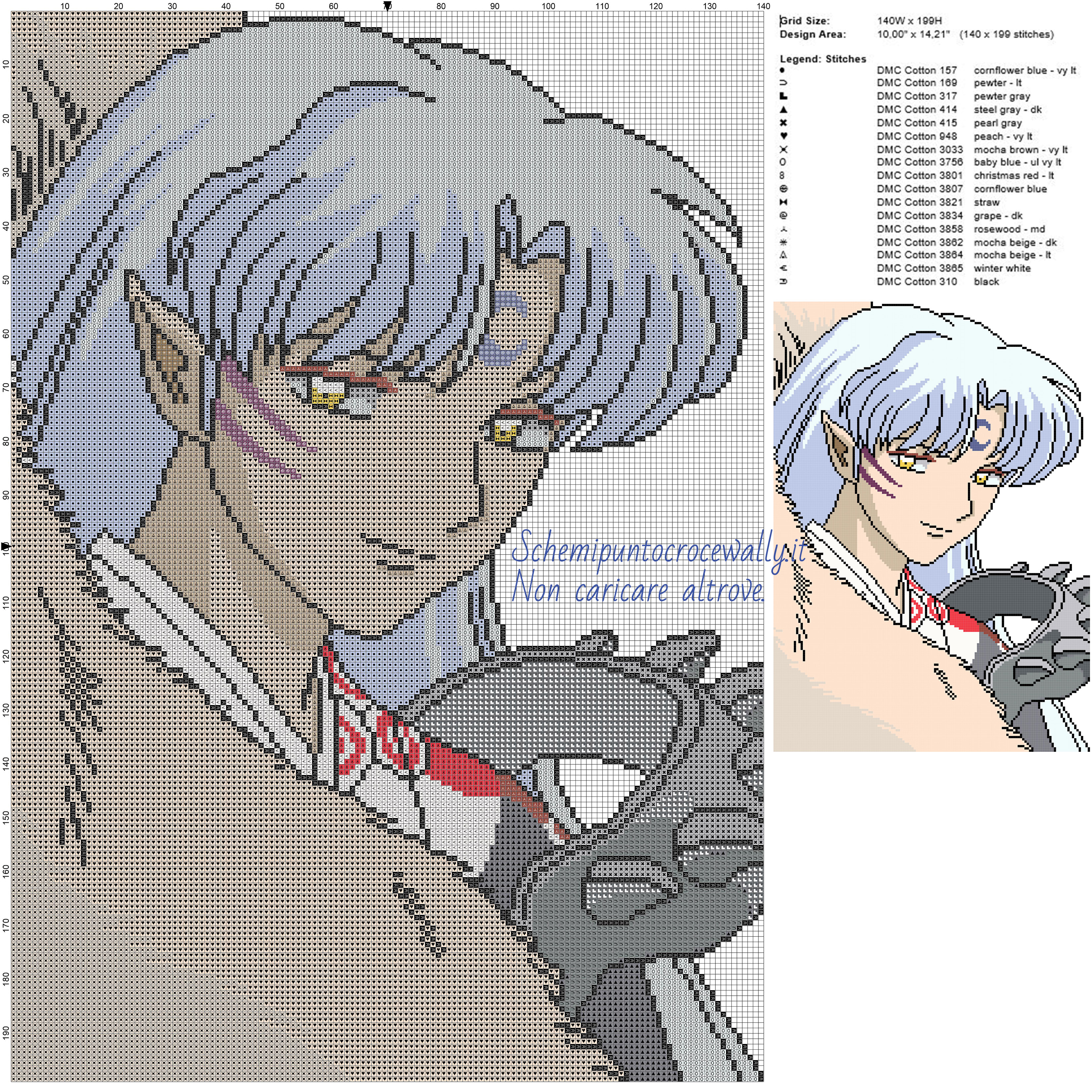 Sesshomaru 2 schema gratis punto croce Inuyasha 140x199 17 colori