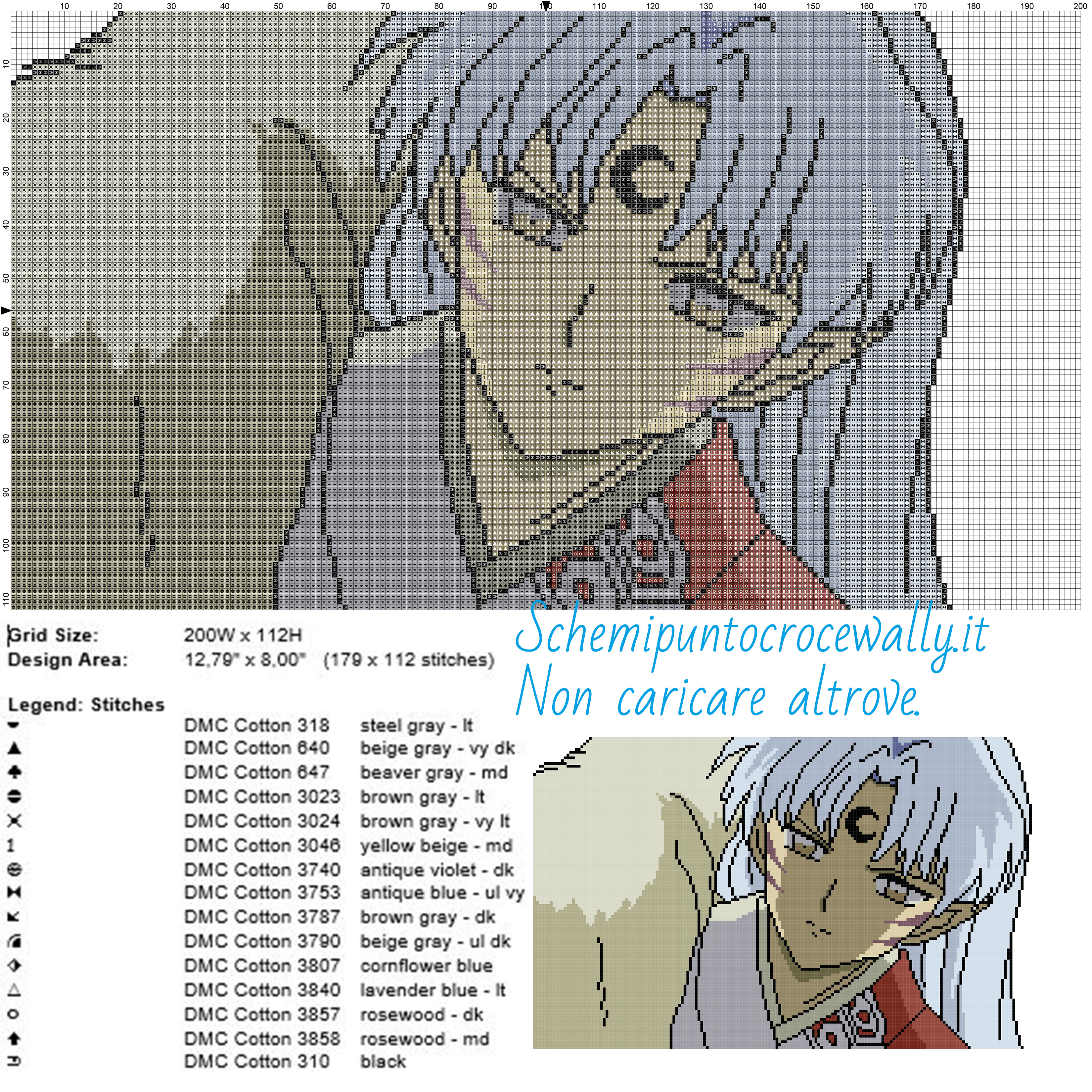 Sesshomaru Inuyasha schema gratis punto croce 200x112 15 colori