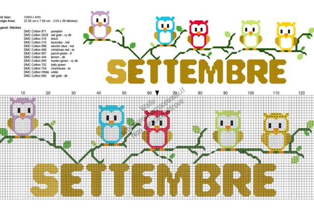 Settembre con i gufi schema punto croce gratis ideale per asciugapiatti 124x39