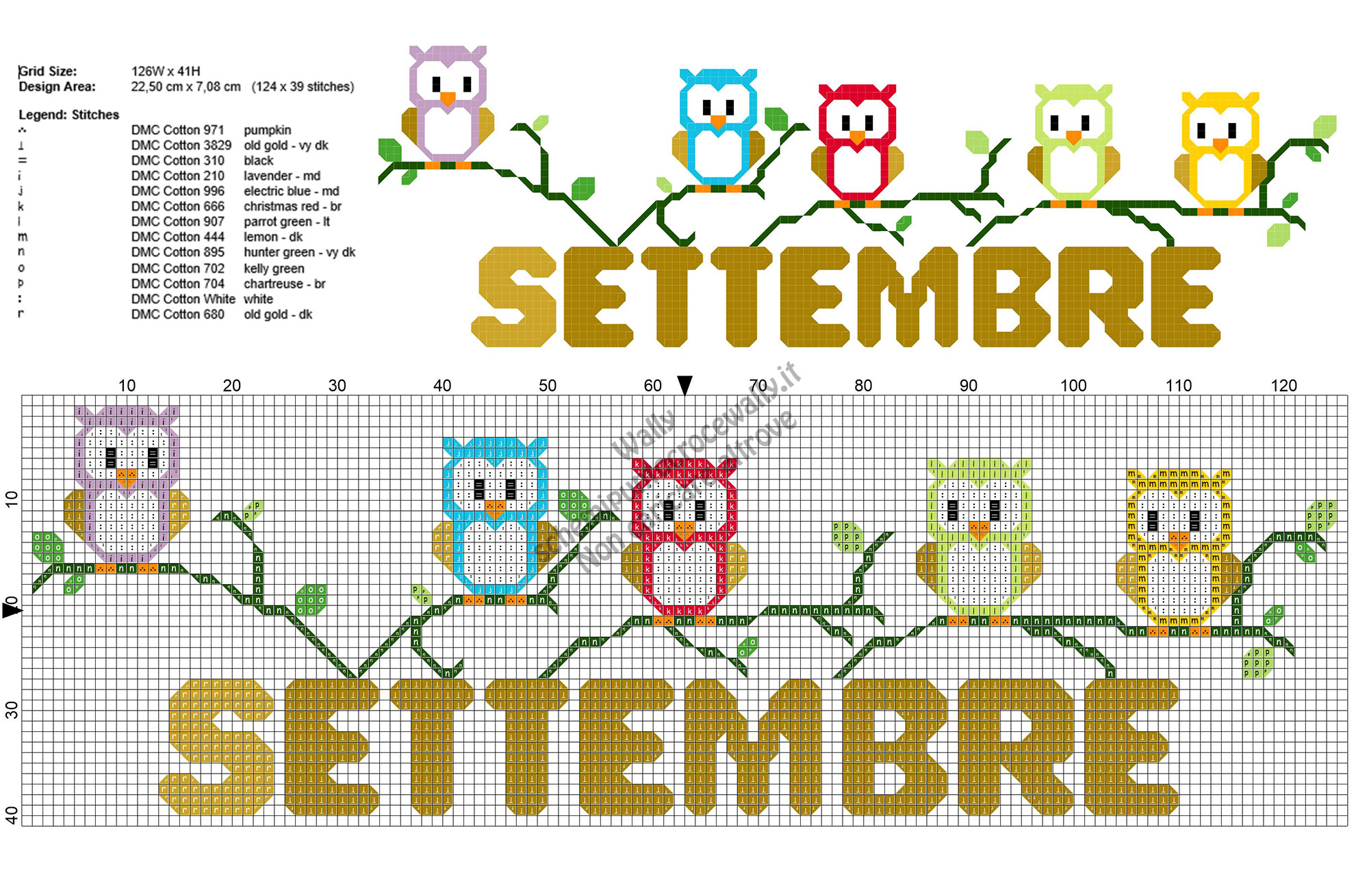 Settembre con i gufi schema punto croce gratis ideale per asciugapiatti 124x39