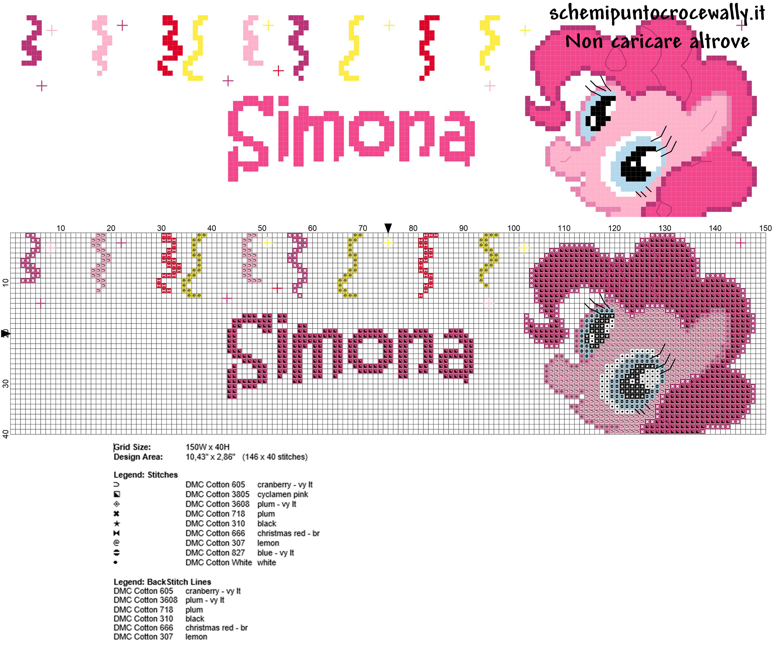 Simona nome punto croce bambina con Pinkie Pie delle My Little Pony cartoni animati