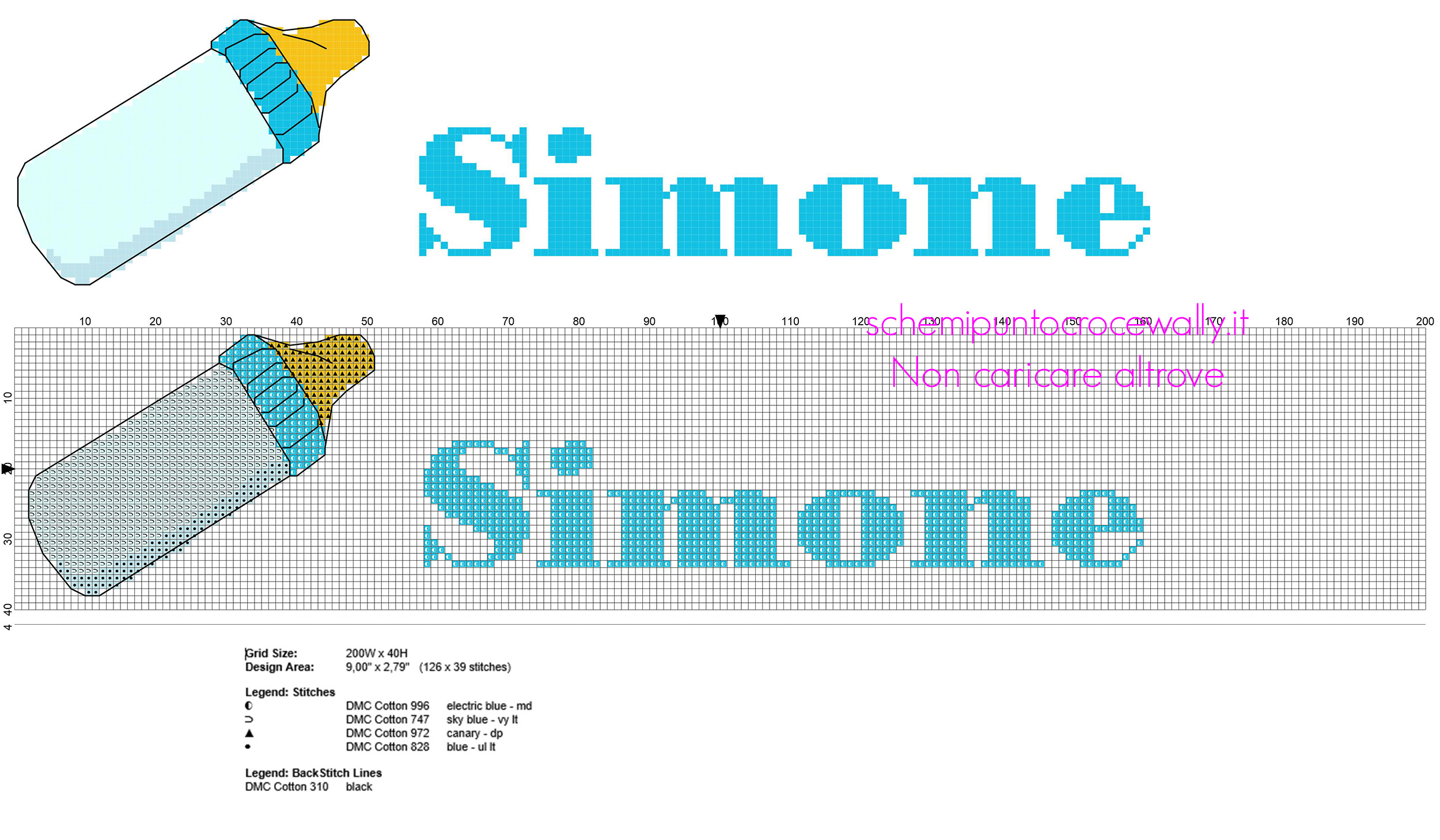 Simone nome bambino punto croce con biberon azzurro blu