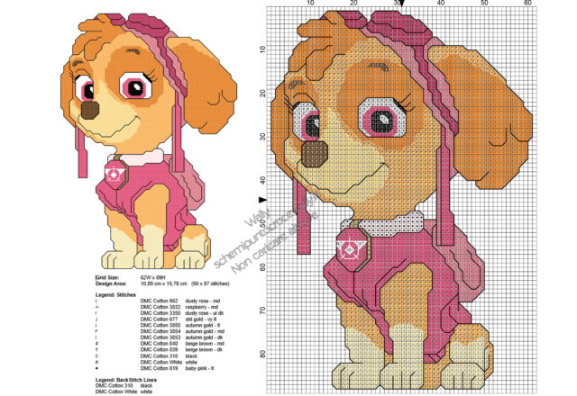 Skye personaggio Paw Patrol schema da ricamare punto croce gratis 60x87