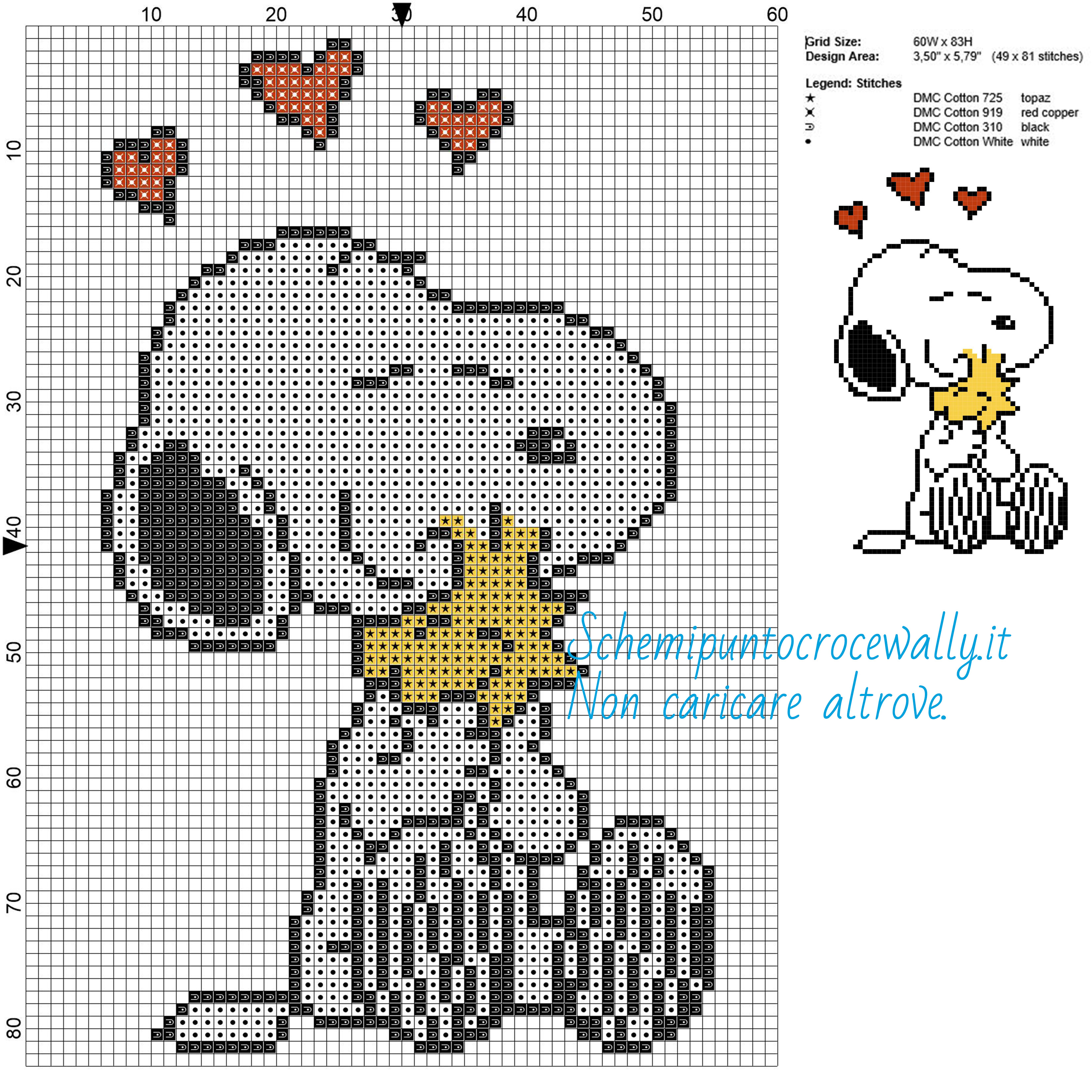 Snoopy e Woodstock schemi gratis a punto croce 60x83 4 colori