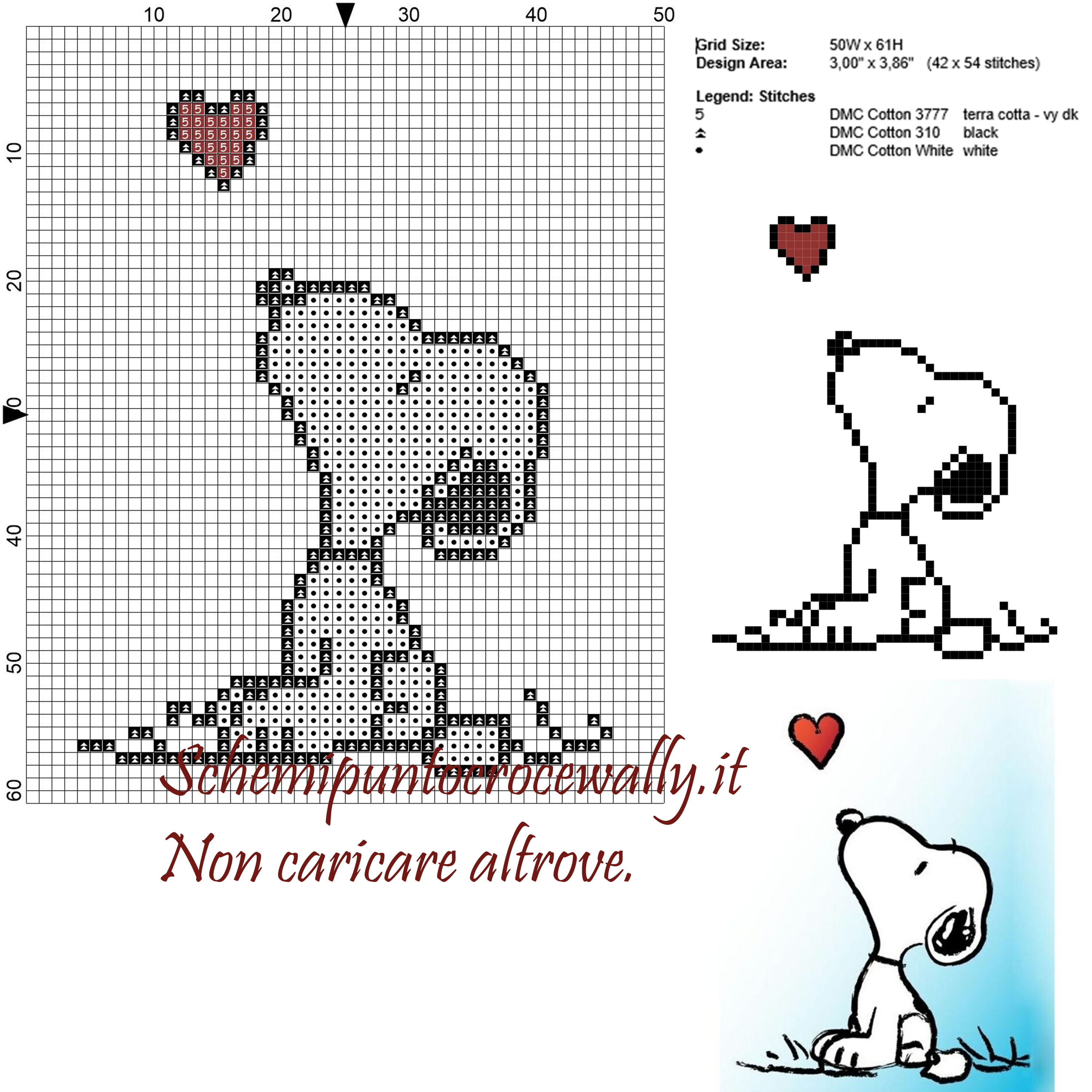 Snoopy e il cuore schema punto croce 50x60 3 colori