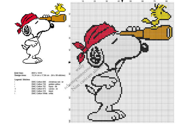 Snoopy pirata schema ricamo punto croce gratis 84x99