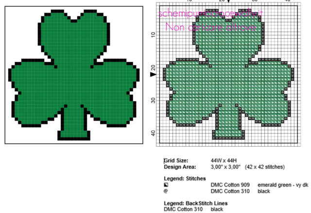 Sottobicchiere punto croce con silbolo dell’ Irlanda trifoglio schema gratis 44 x 44