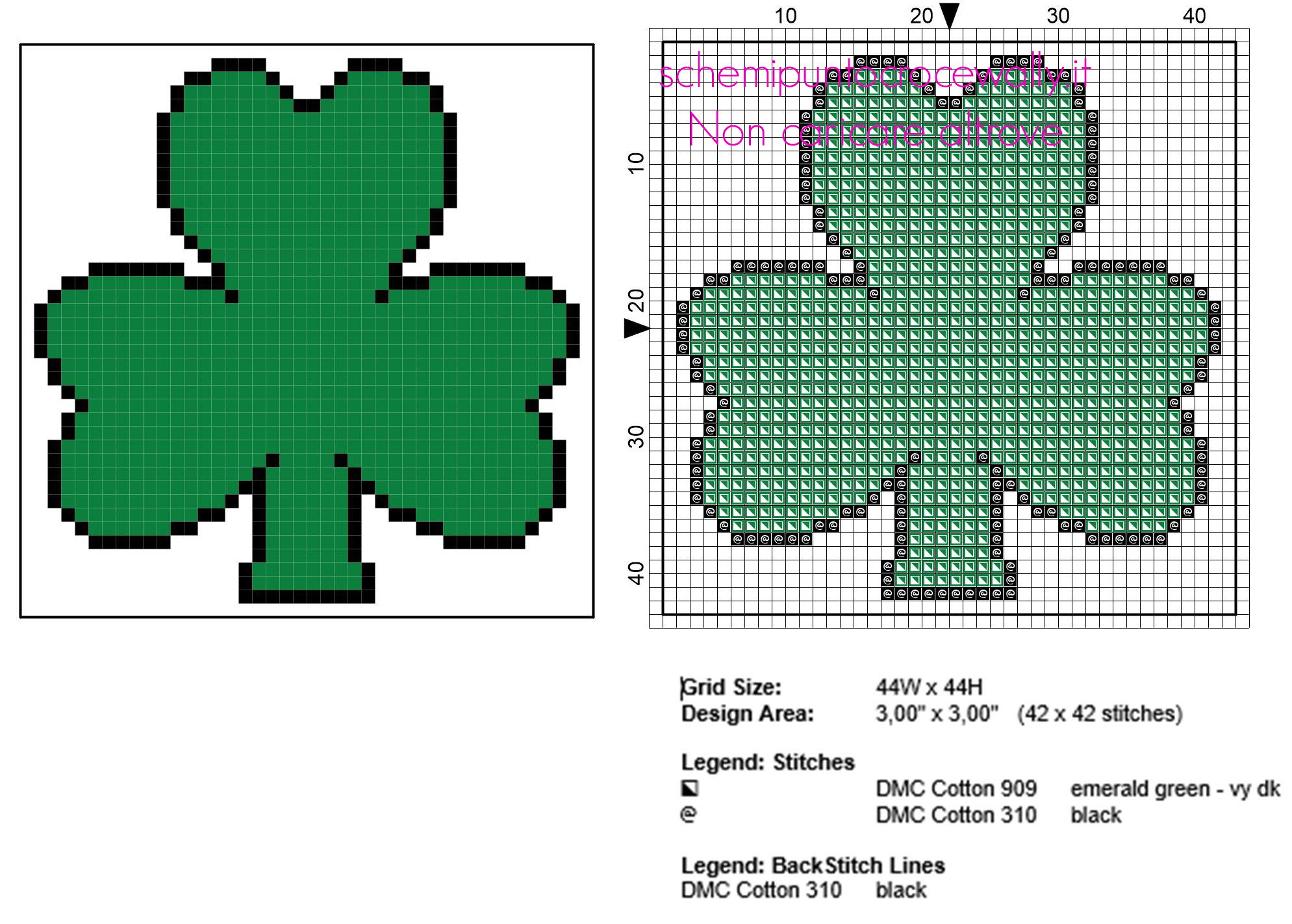 Sottobicchiere punto croce con silbolo dell’ Irlanda trifoglio schema gratis 44 x 44