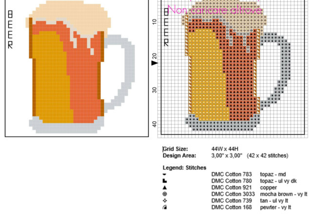 Sottobicchieri punto croce con boccale di birra schema gratis misure 44 x 44 crocette