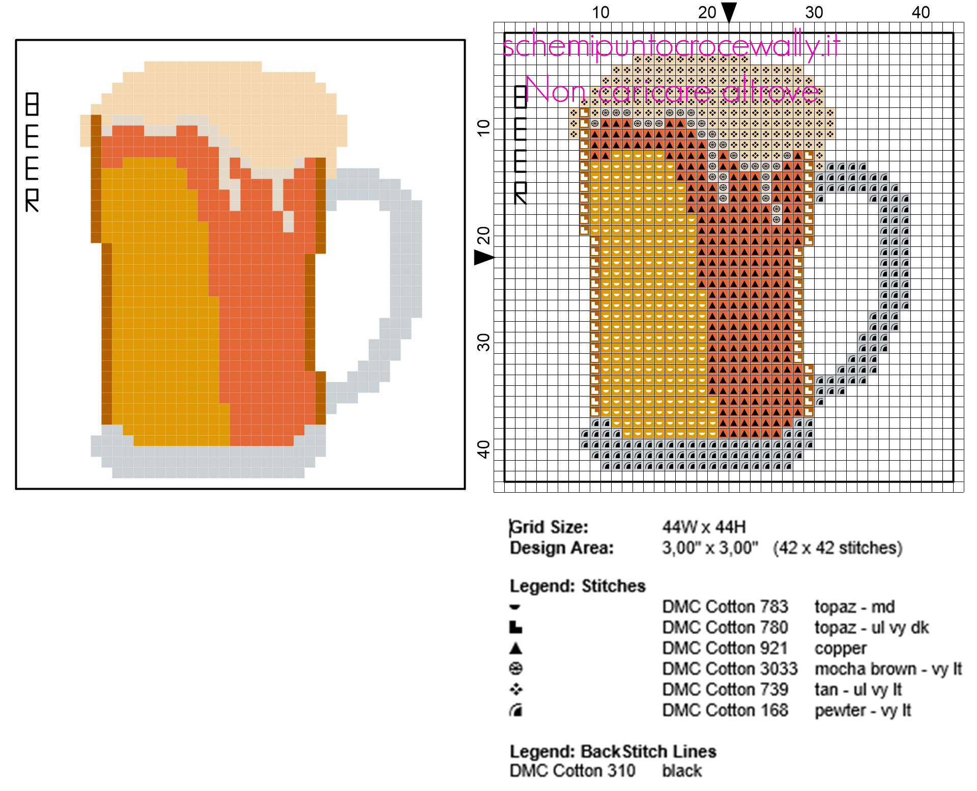 Sottobicchieri punto croce con boccale di birra schema gratis misure 44 x 44 crocette