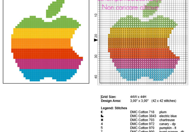 Sottobicchieri punto croce con logo Apple arcobaleno colorato schema misure 44 x 44