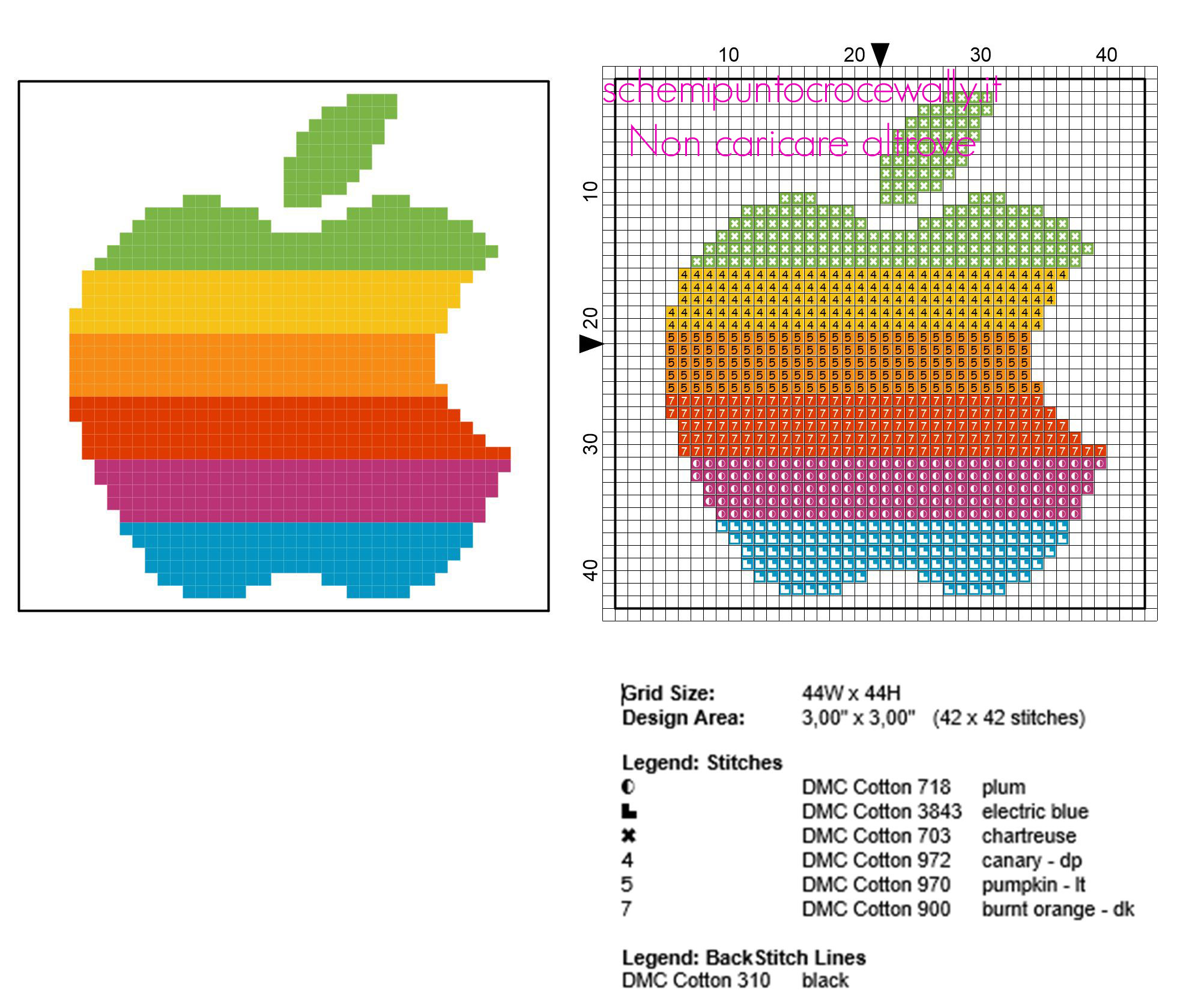Sottobicchieri punto croce con logo Apple arcobaleno colorato schema misure 44 x 44
