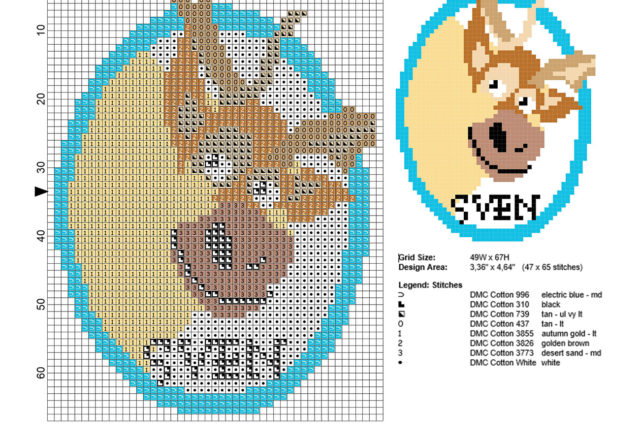 Sven la renna di Frozen piccolo schema punto croce 47 x 65 crocette 8 colori marca DMC