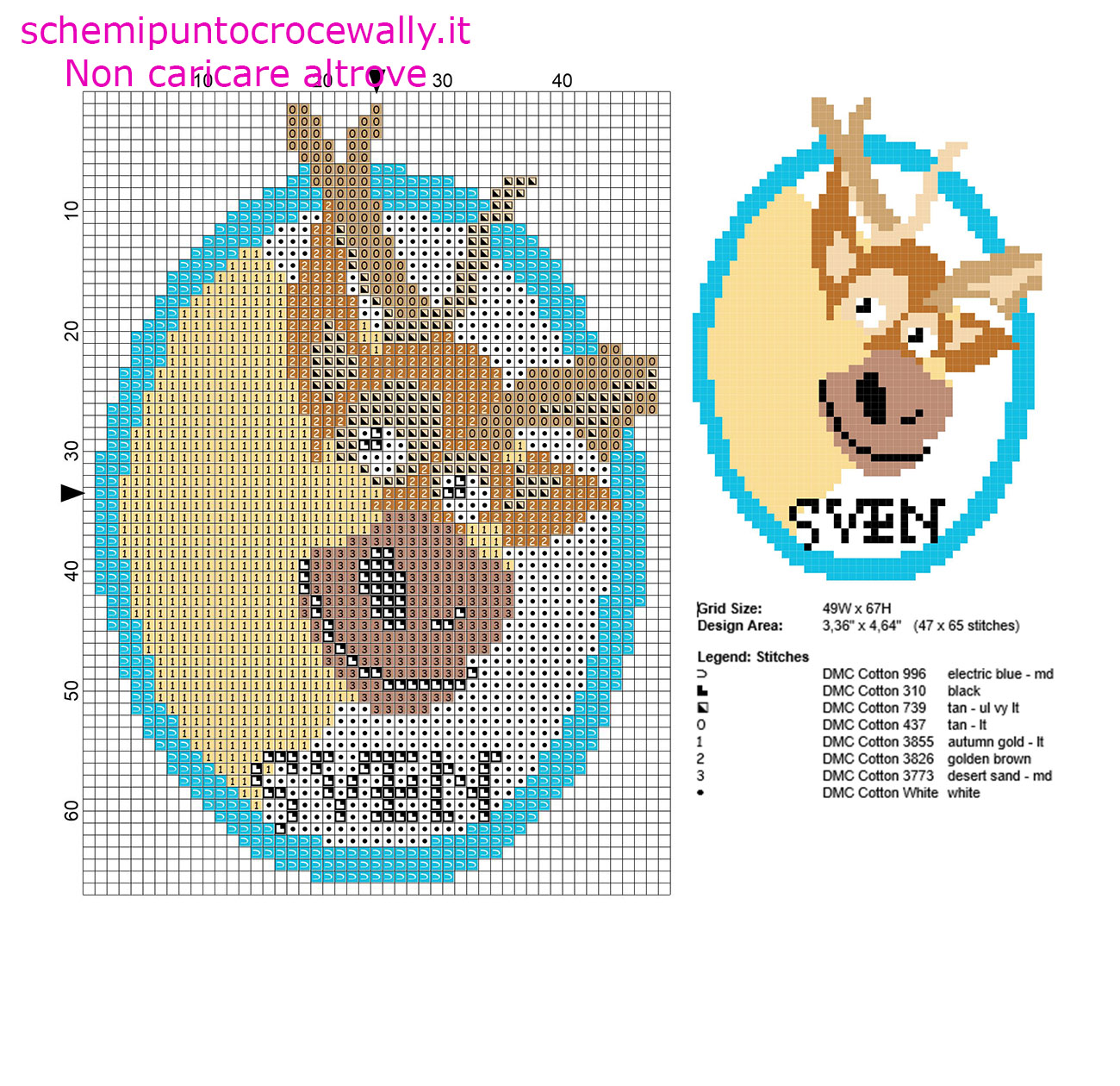 Sven la renna di Frozen piccolo schema punto croce 47 x 65 crocette 8 colori marca DMC