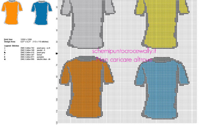 T shirt magliette colorate grigio giallo arancione e blu schemi punto croce gratis