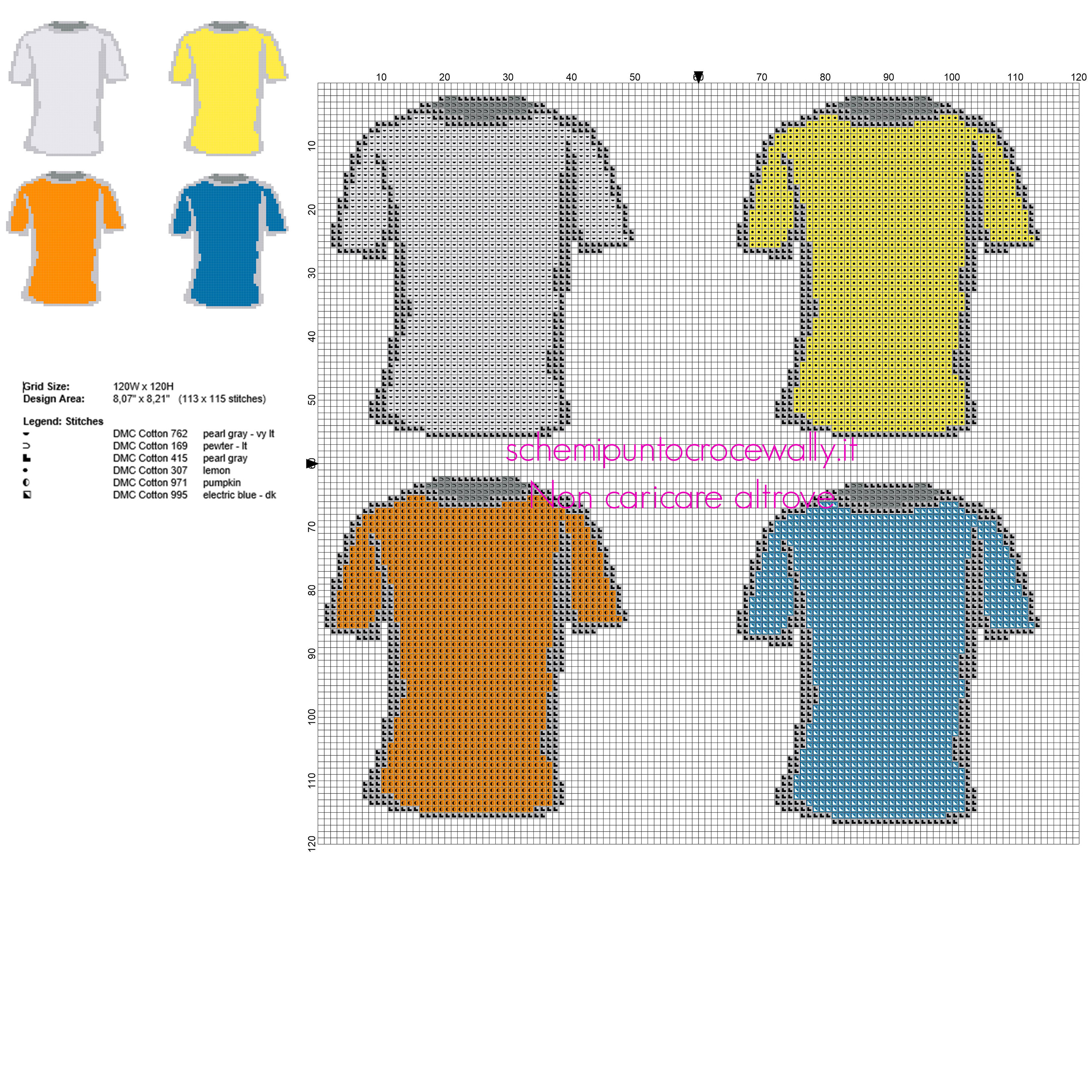 T shirt magliette colorate grigio giallo arancione e blu schemi punto croce gratis