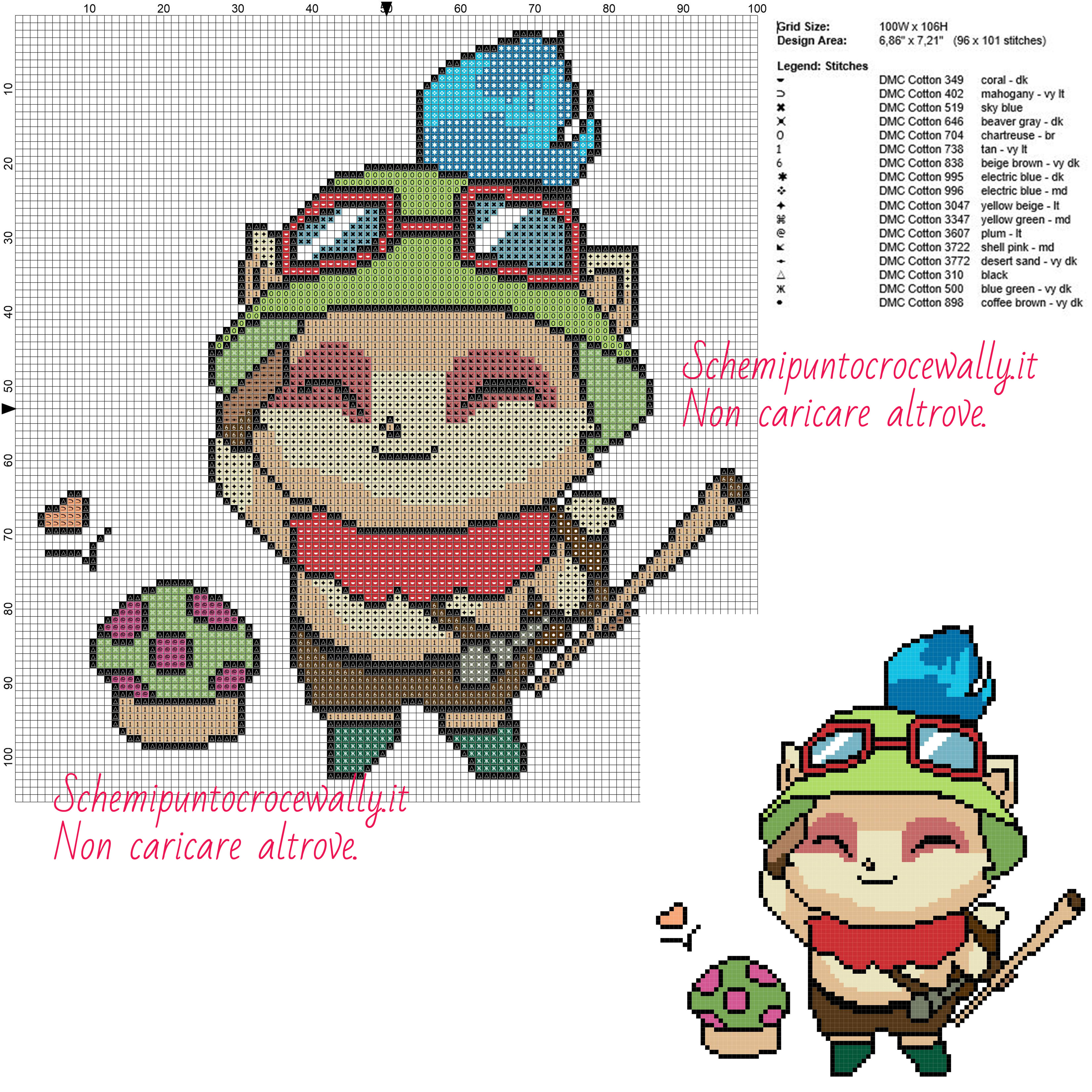 Teemo (League of Legends) schema gratis punto croce 100x106 17 colori