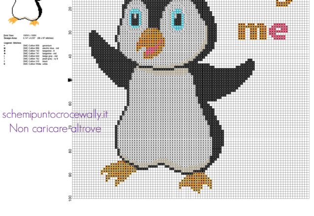 Tenero cucciolo di pinguino schema punto croce animali per bambini 86 x 97 crocette 8 colori filati DMC