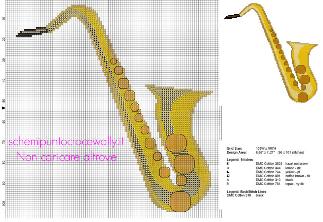Un sax strumento musicale schema punto croce gratis categoria musica