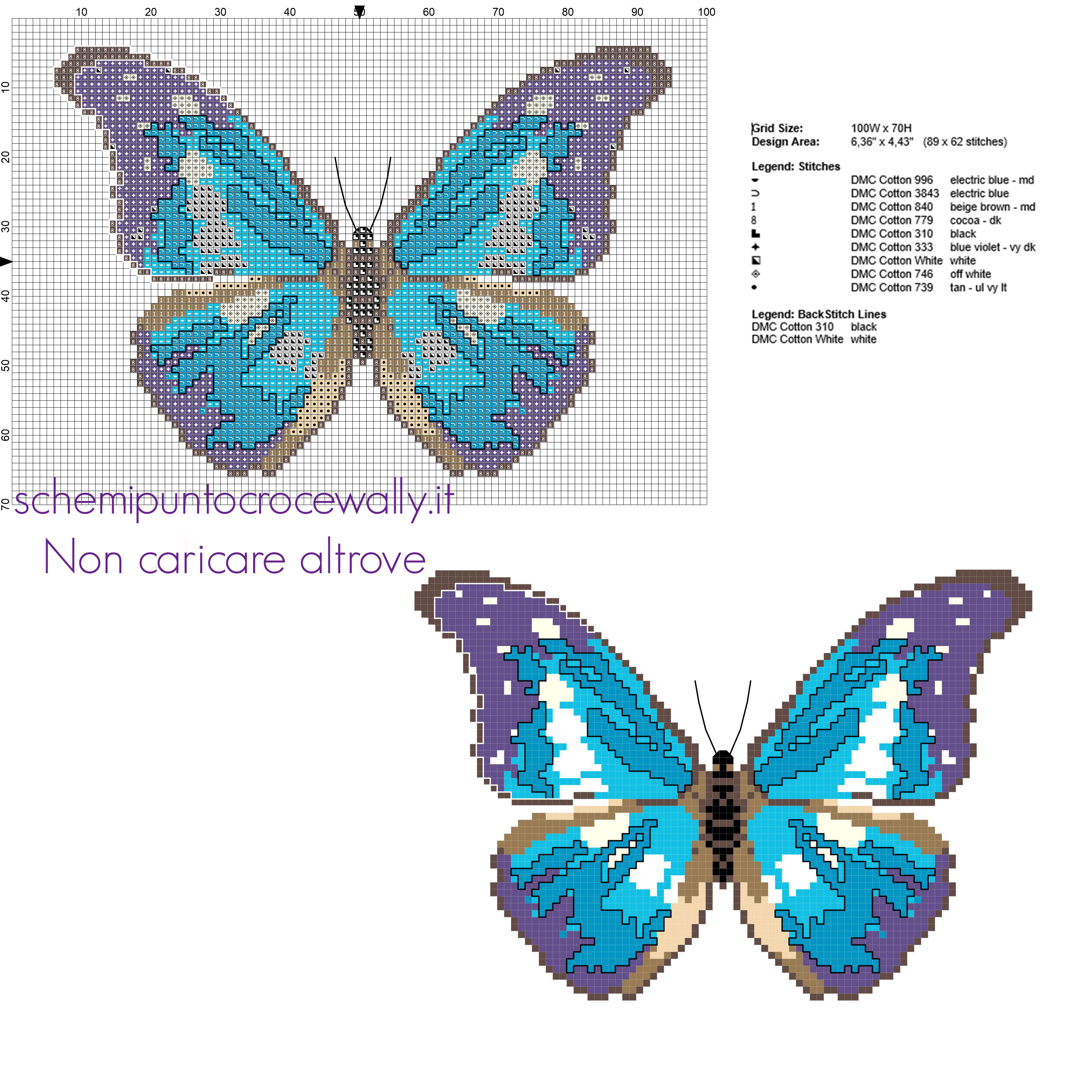 Una bellissima farfalla blu e viola schema punto croce download gratuito