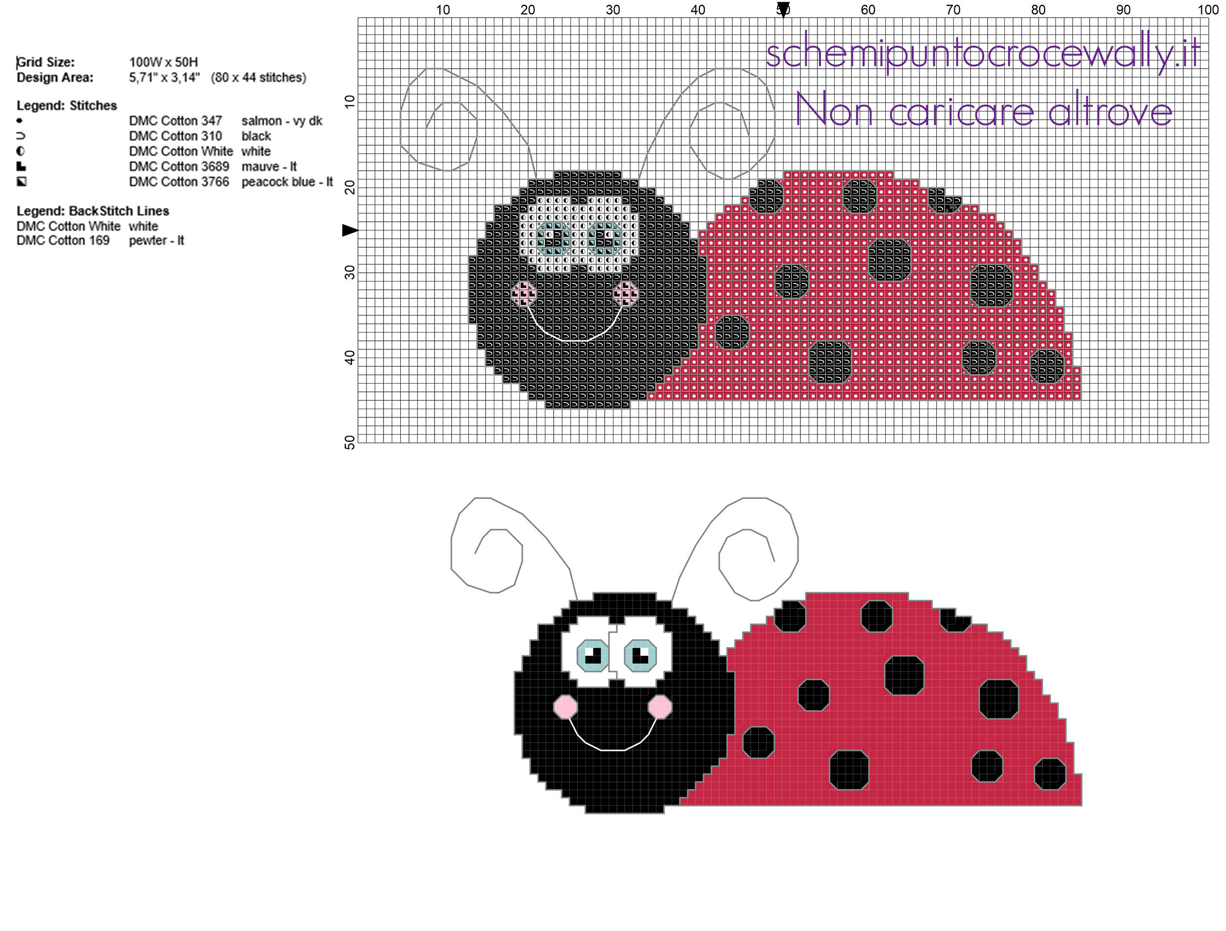 Una divertente coccinella cartone animato schema punto a croce 80 x 44 crocette 6 colori marca DMC