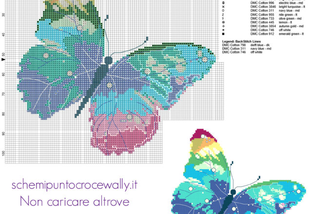 Una farfalla multicolore schema punto croce da ricamare gratis
