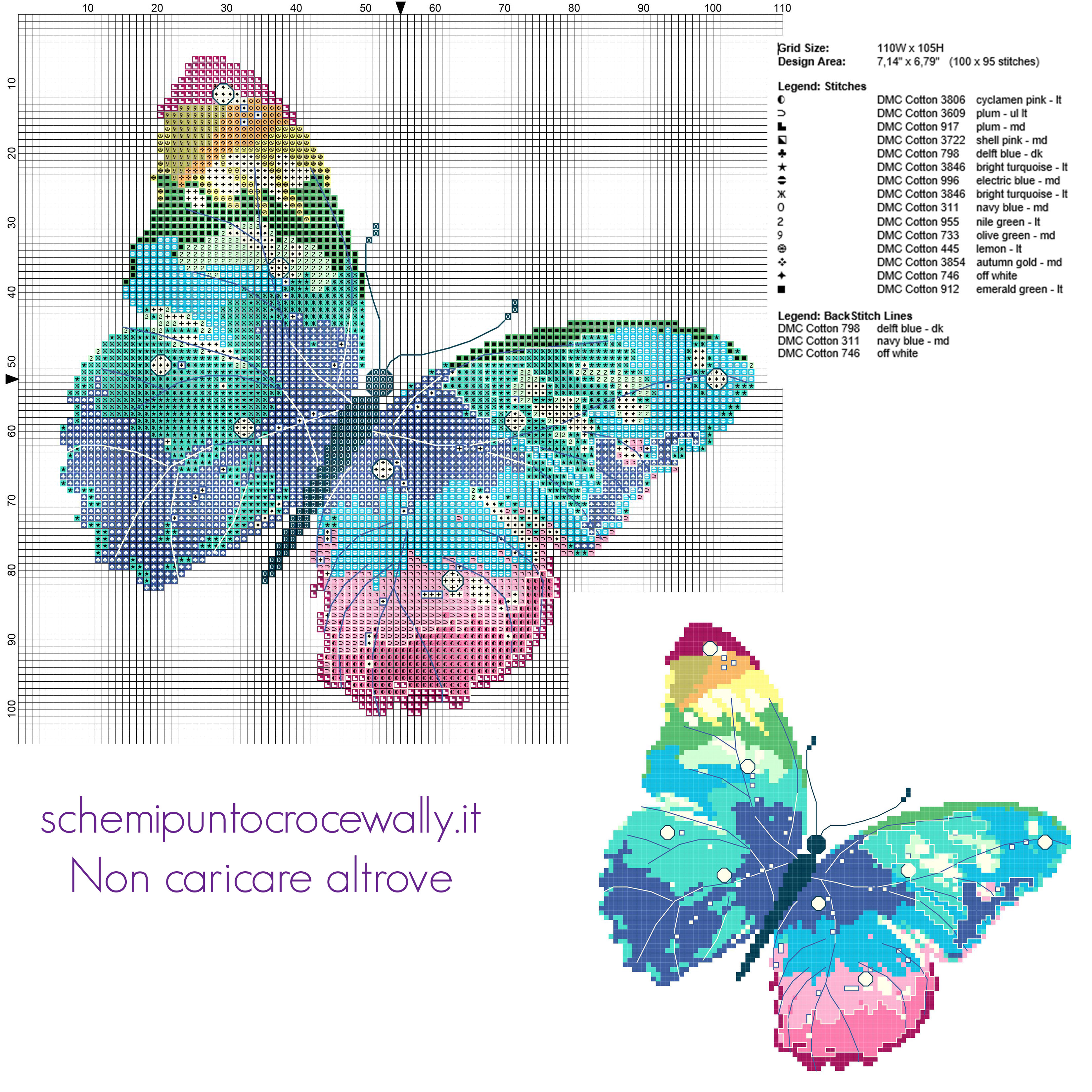 Una farfalla multicolore schema punto croce da ricamare gratis