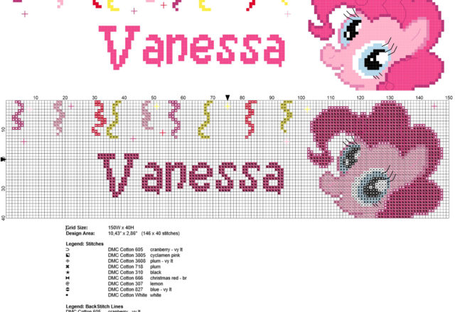 Vanessa nome punto croce con Pinkie Pie delle My Little Pony cartoni animati