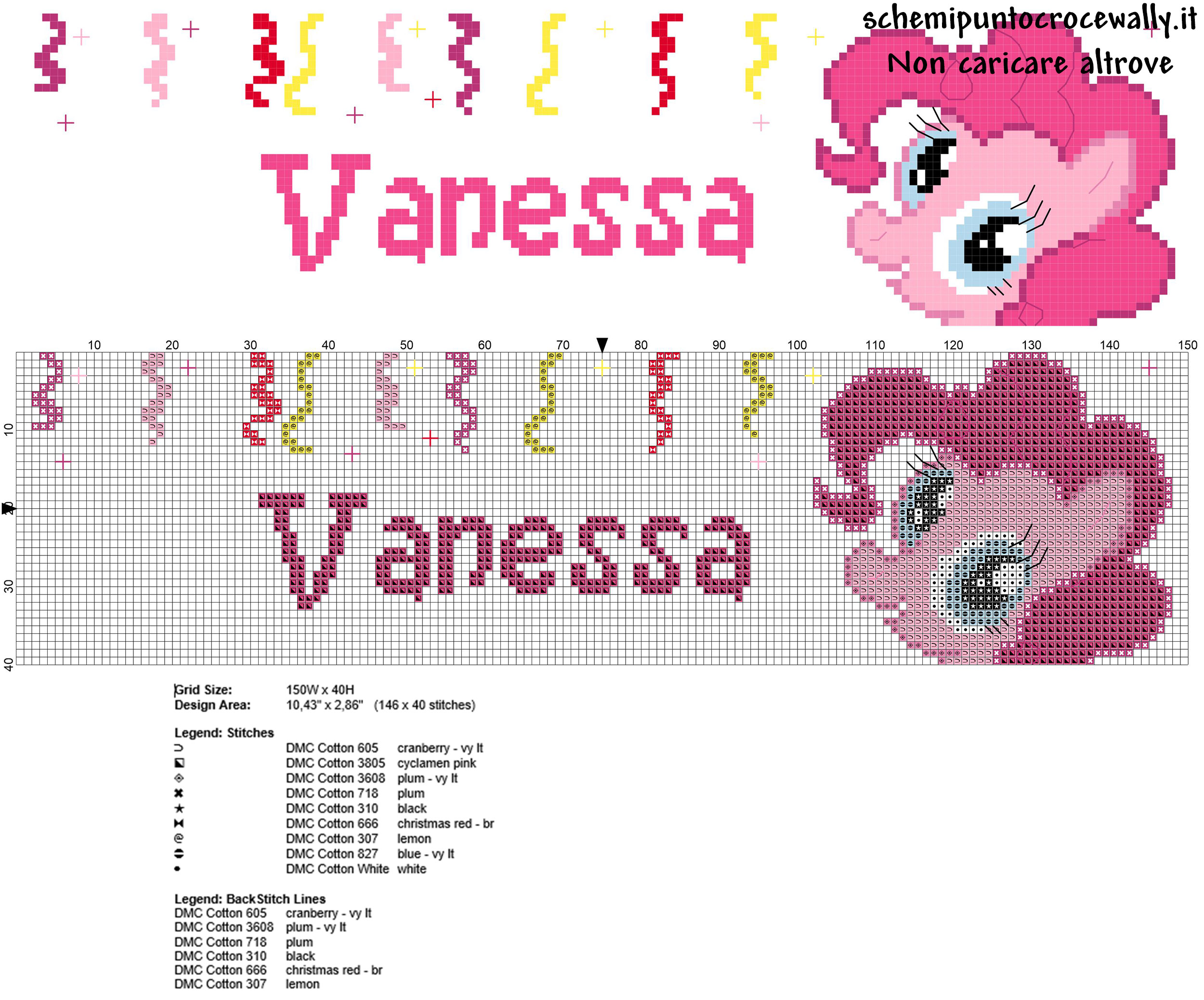 Vanessa nome punto croce con Pinkie Pie delle My Little Pony cartoni animati