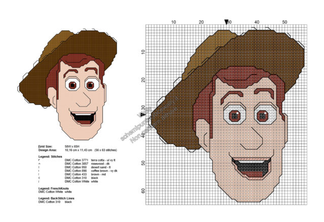 Woody personaggio Toy Story schema punto croce gratis 56x63