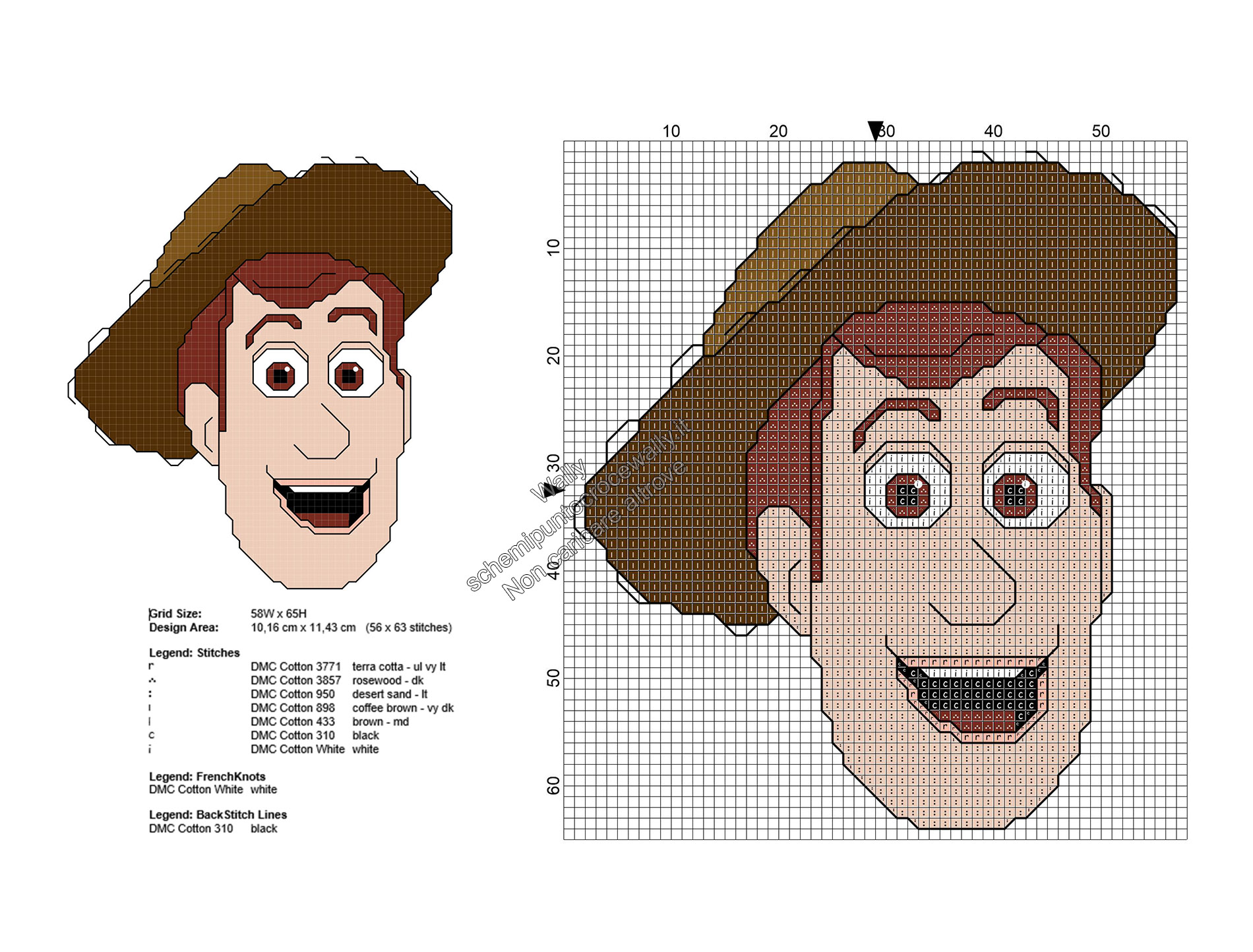 Woody personaggio Toy Story schema punto croce gratis 56x63