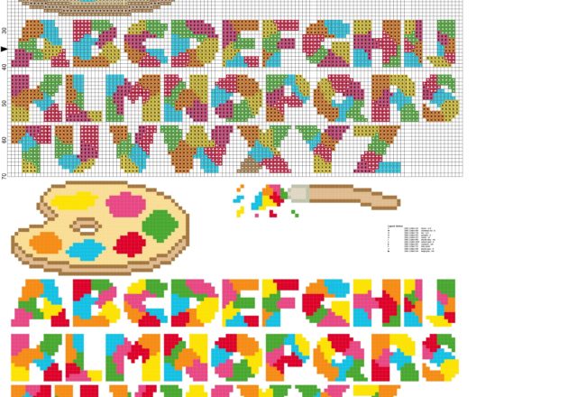 alfabeto con tavolozza pennello e colori schema punto croc