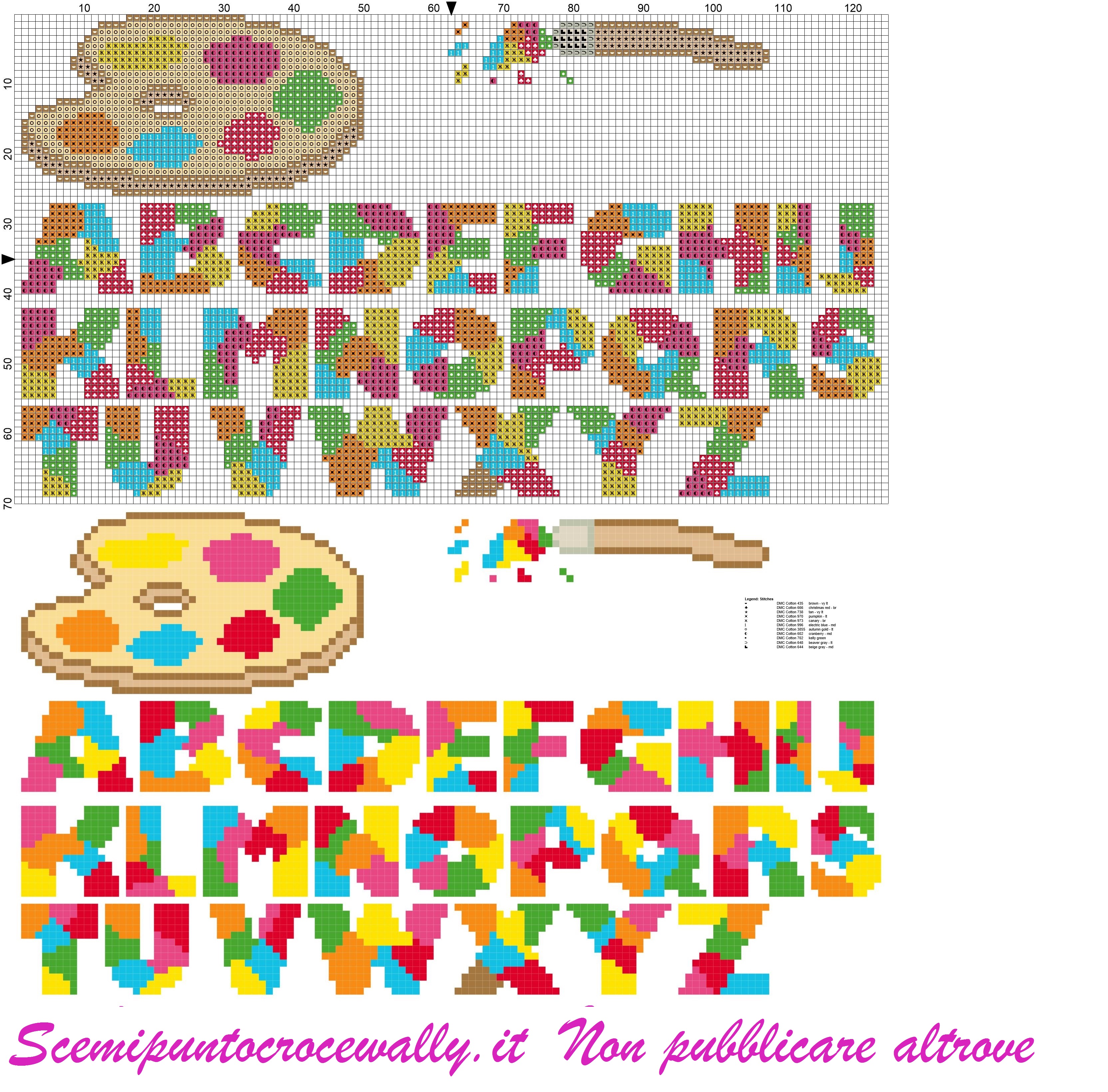 alfabeto con tavolozza pennello e colori schema punto croc