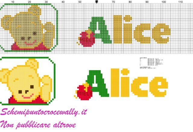 alice nome con baby winnie the pooh schema punto croce