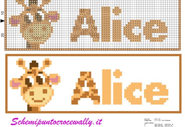 alice nome con giraffa schema punto croce