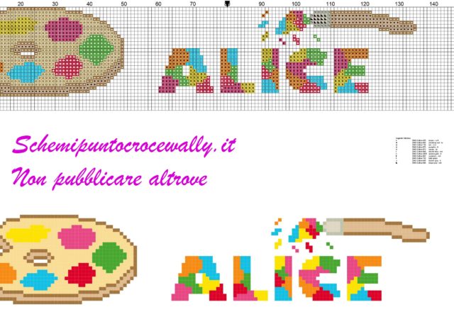 alice nome con tavolozza e pennello schema punto croce