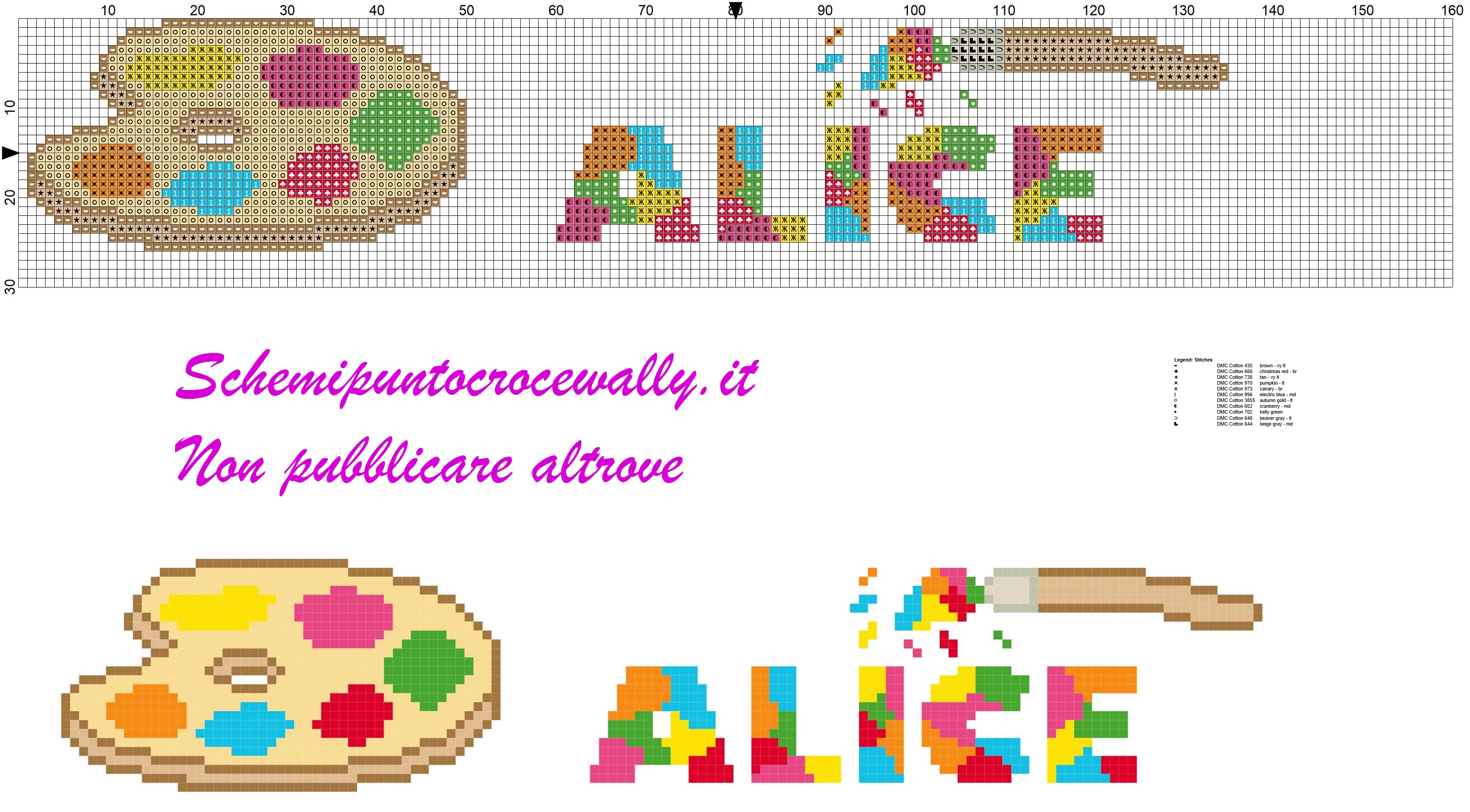 alice nome con tavolozza e pennello schema punto croce