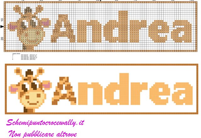 andrea nome con giraffa schema punto croce