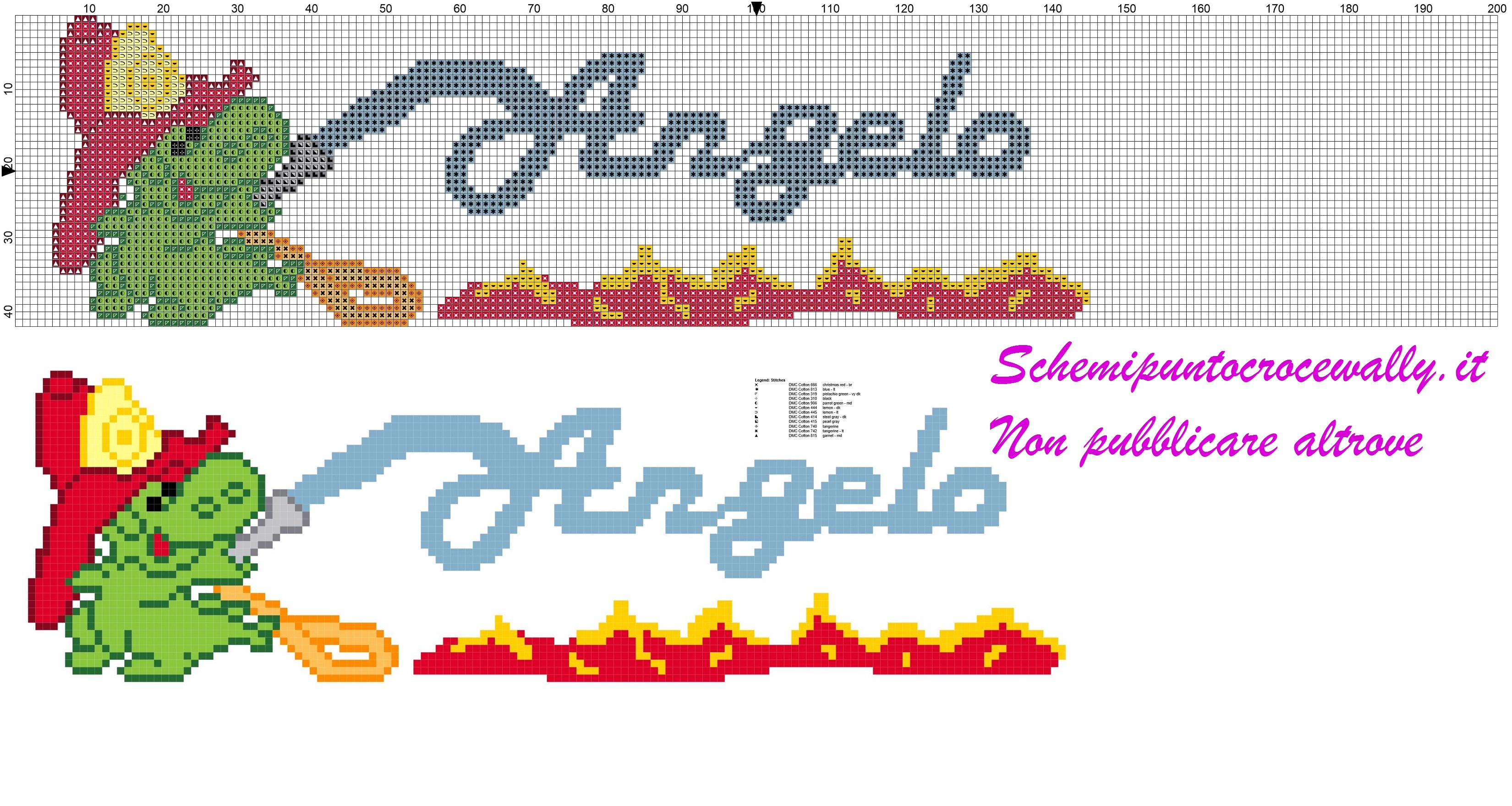 angelo nome con grisù schema punto croce