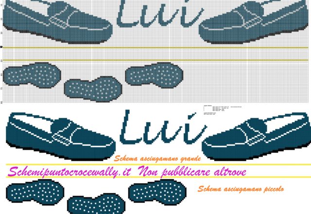 asciugamano lui con scarpe mocassini e orme schema punto croce