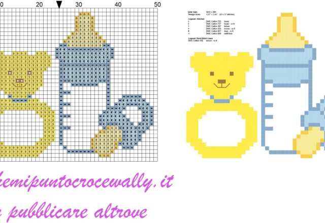 biberon ciuccio e sonaglino azzurro schema punto croce