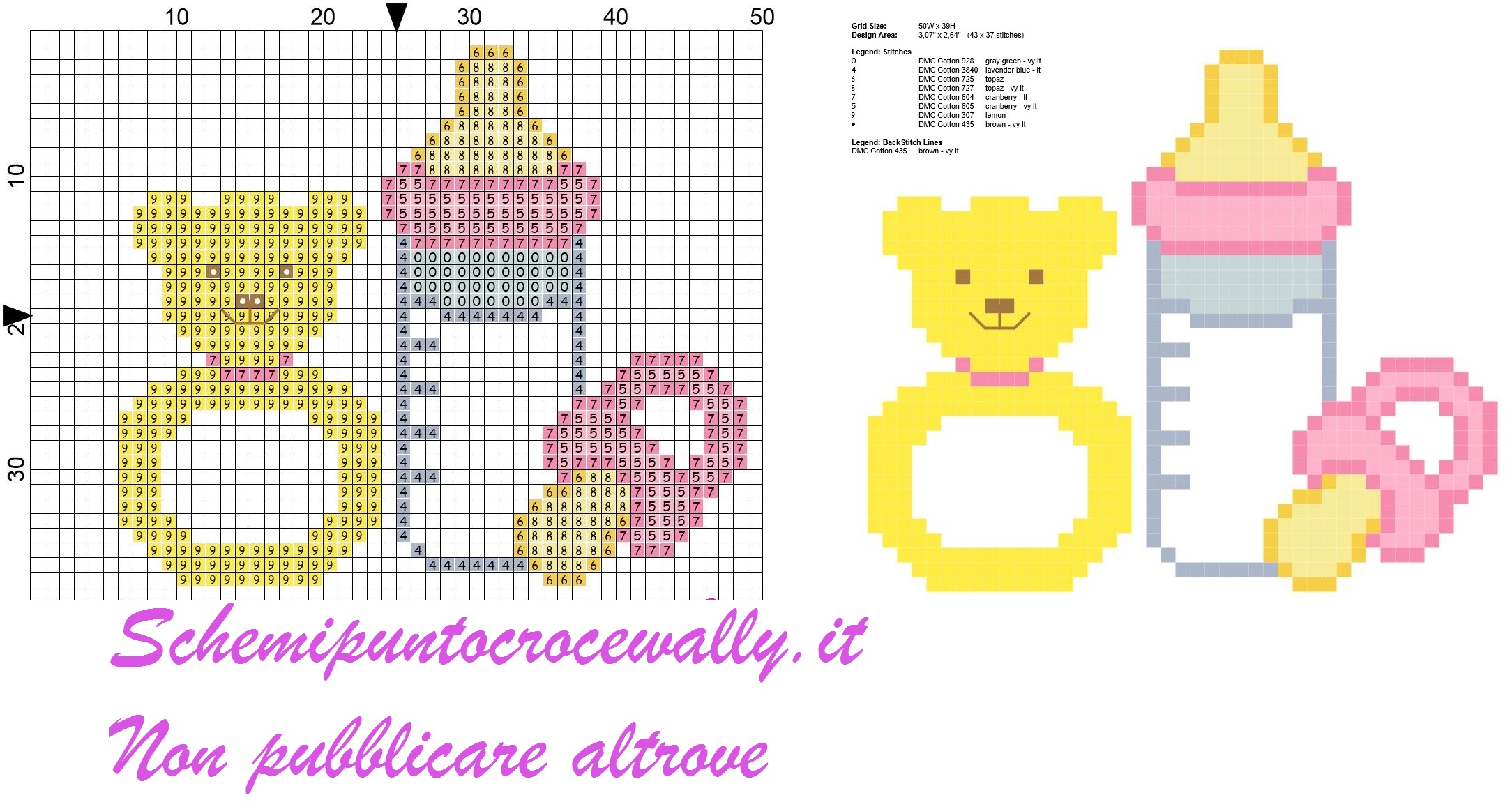 biberon ciuccio e sonaglino rosa schema punto croce