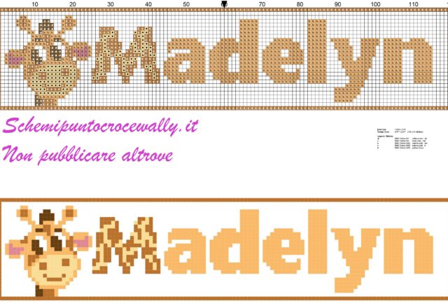 madelyn nome con giraffa schema punto croce