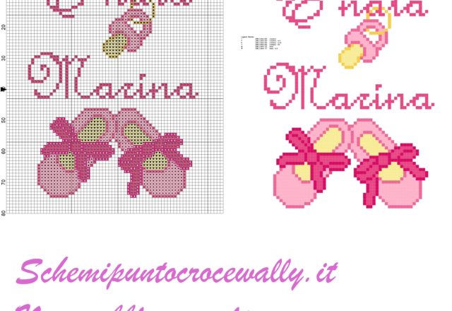 marina è nata con ciuccio e scarpette schema punto croce