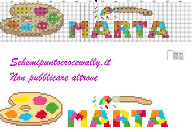 marta nome con tavolozza e colori schema punto croce